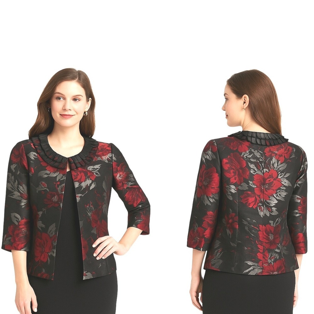 Lavender And‎ Honey Floral Ruffle Neck Open Front 3/4 Sleeve Jacket Size S New